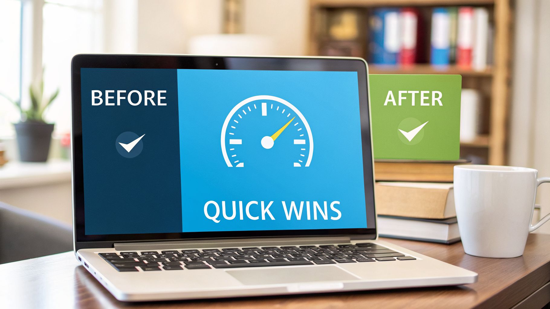 Laptop screen showing 'Before' with a checkmark, a speed gauge for 'Quick Wins', and 'After' with a checkmark, symbolizing improved website performance.
