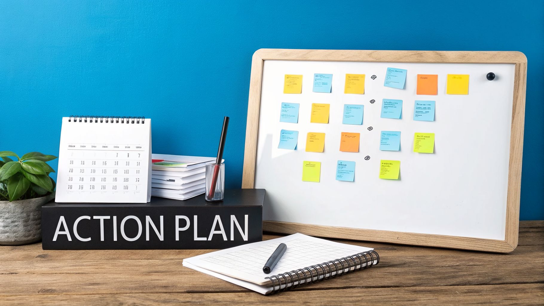 A desk with an 'ACTION PLAN' box, calendar, plant, and a whiteboard covered in colorful sticky notes.