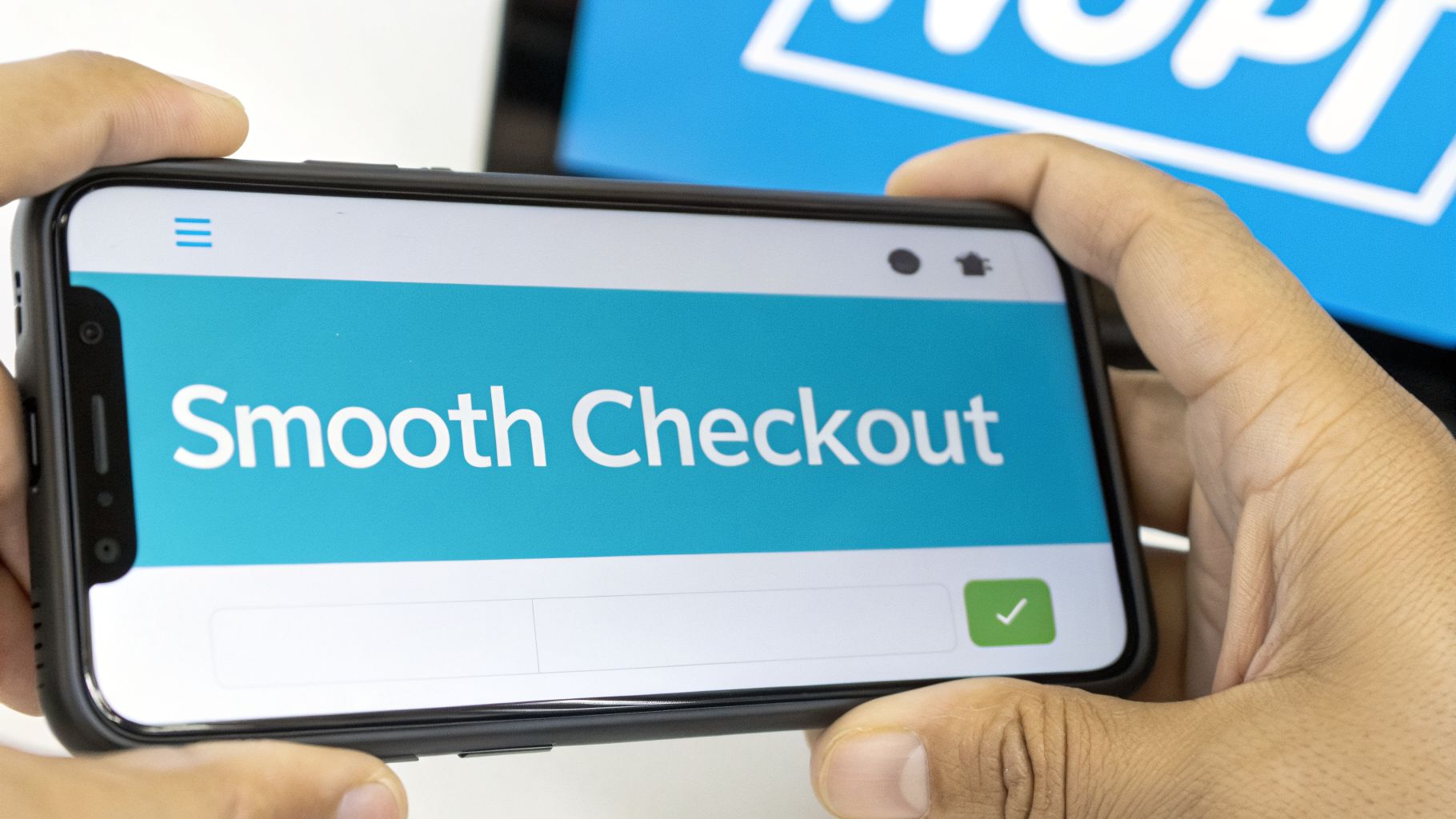 A person holding a smartphone displaying a "Smooth Checkout" screen with input fields and a green checkmark button.