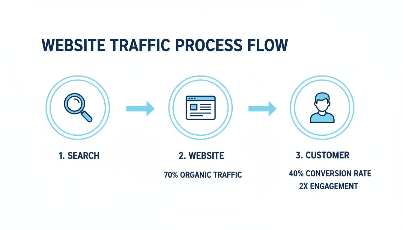 Flowchart illustrating a website traffic process from search to website, leading to a customer.