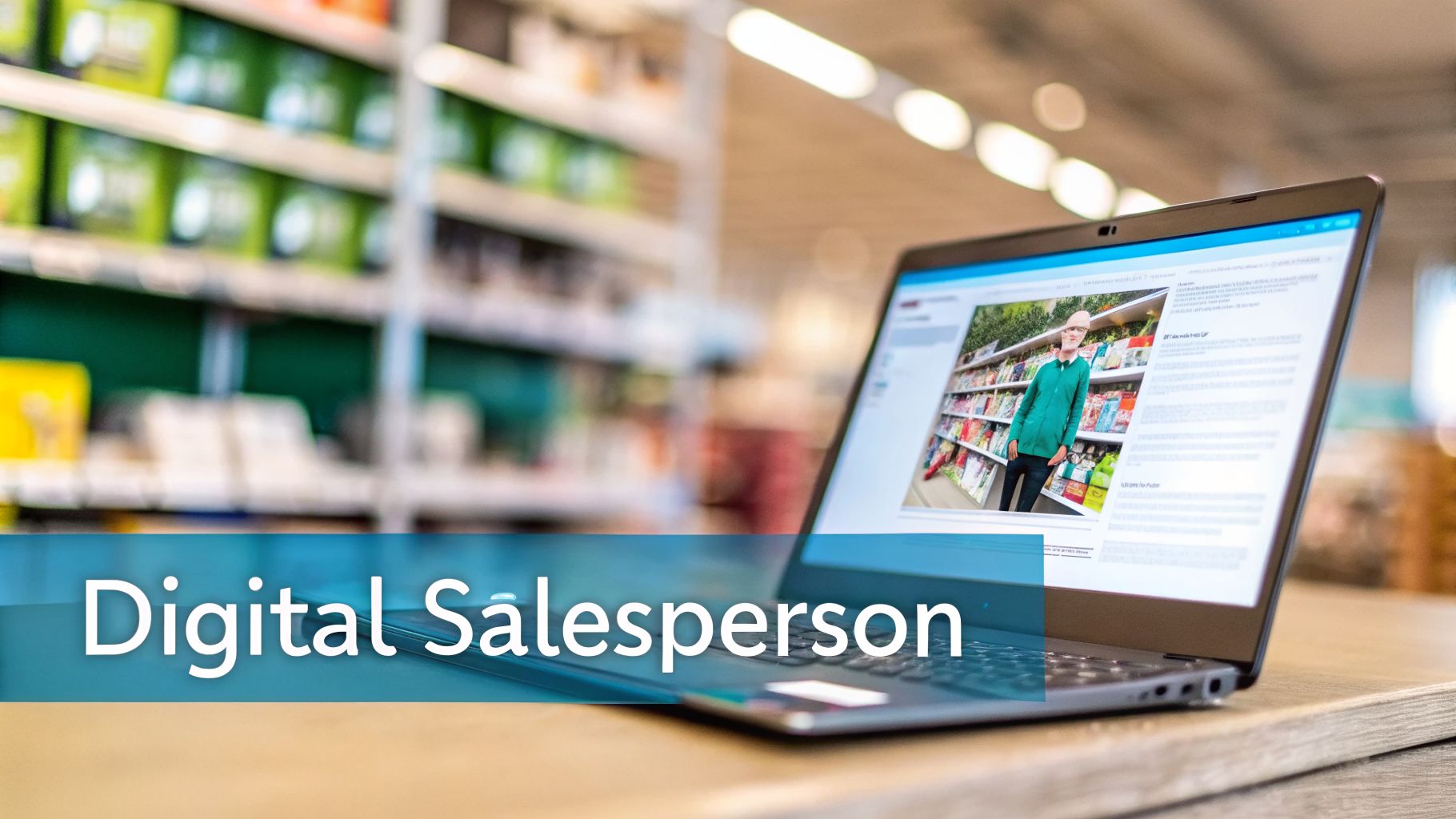 A laptop displays a 'digital salesperson' on screen, with a blurred retail store background and text overlay.