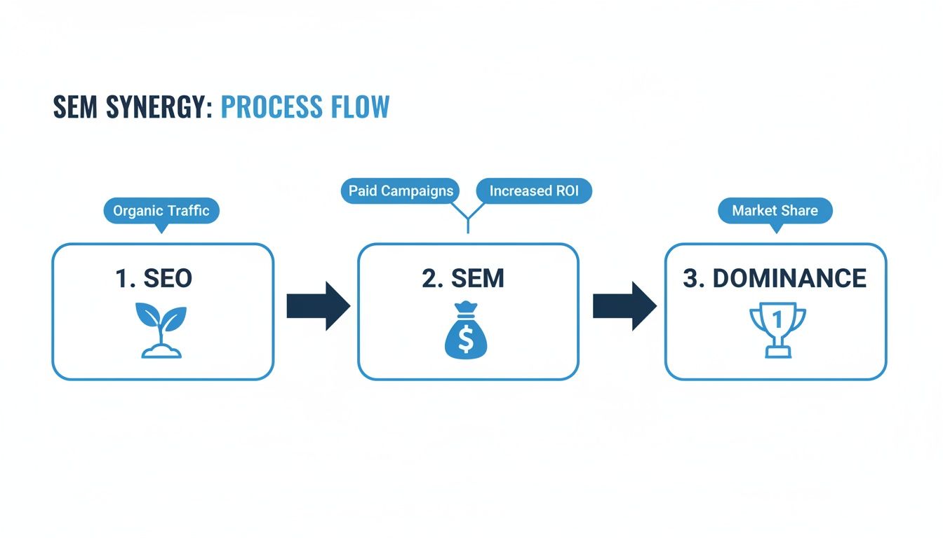 Process flow diagram illustrating SEM synergy, from SEO and organic traffic to dominance.