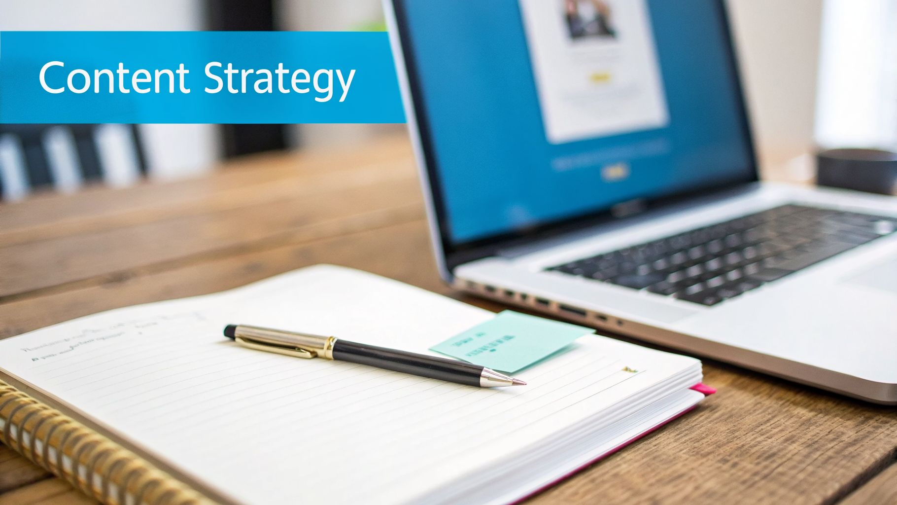 A laptop and notebook with a pen on a wooden desk, featuring a 'Content Strategy' banner.