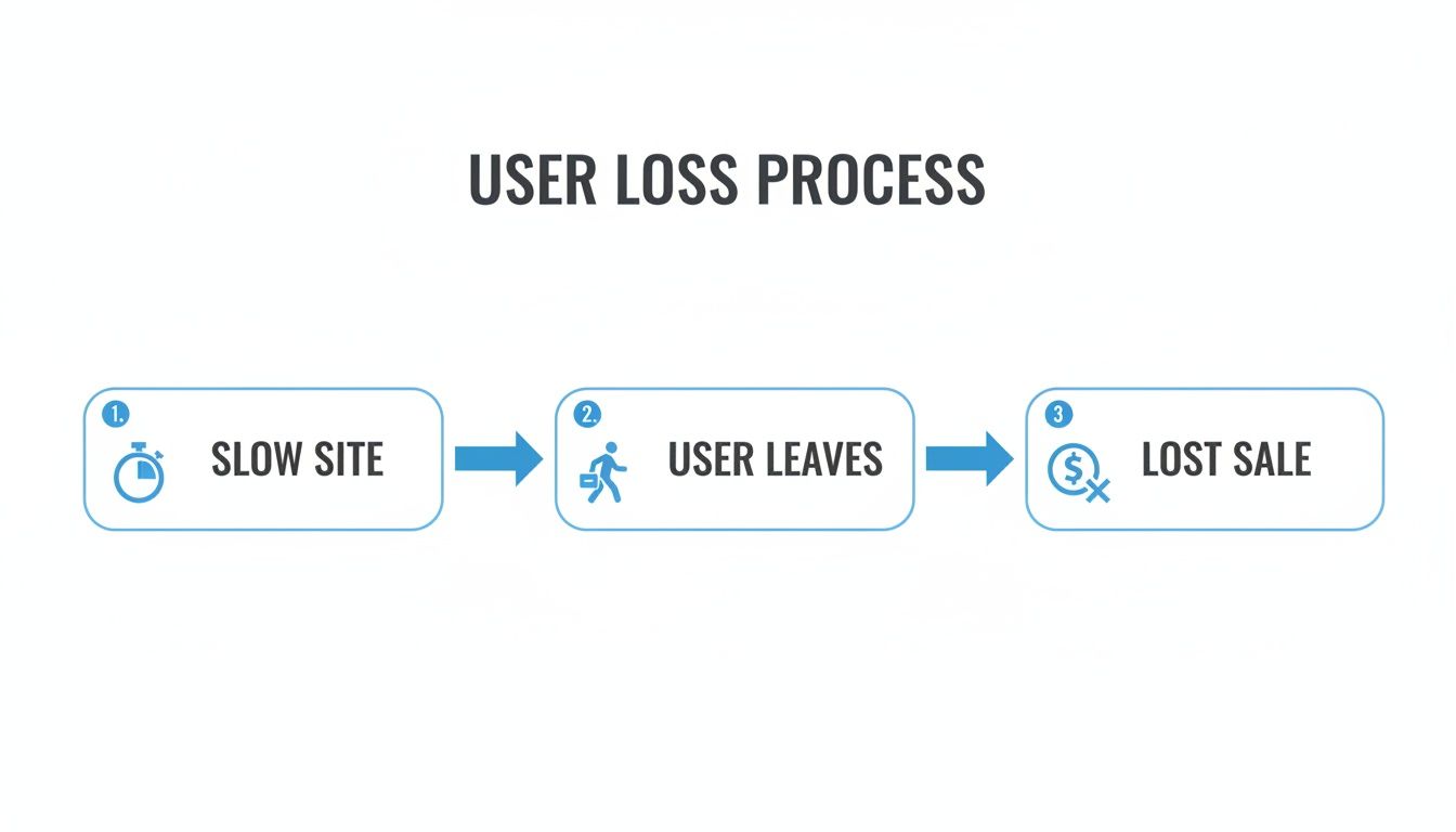 Flowchart illustrating the user loss process: slow site leads to user leaving, resulting in a lost sale.