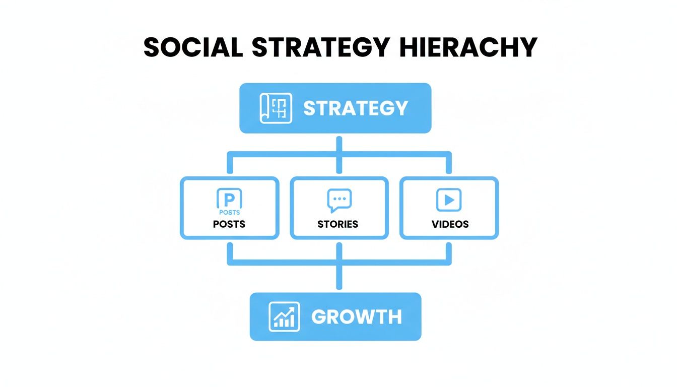Flowchart outlining a social strategy hierarchy, from planning through content types like posts, stories, and videos, leading to growth.