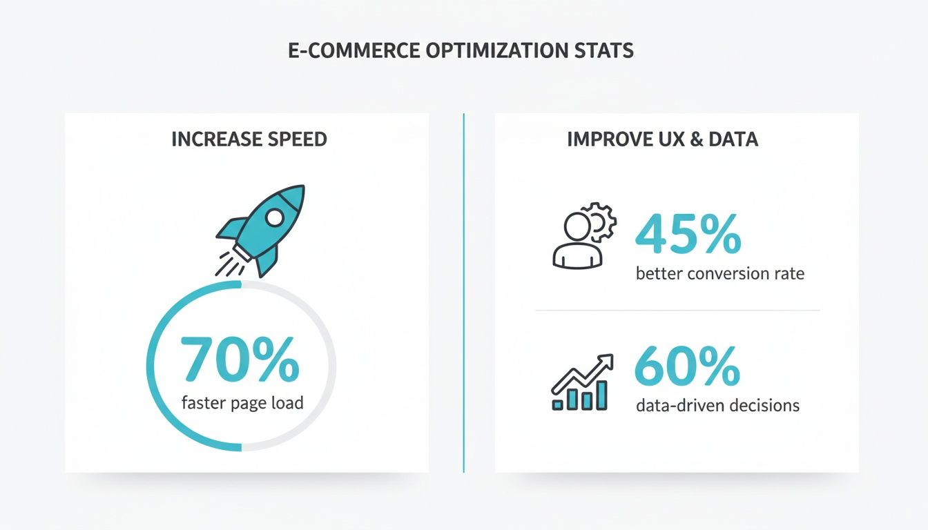 E-commerce optimization stats showing improved speed, user experience, conversion rates, and data-driven decisions.
