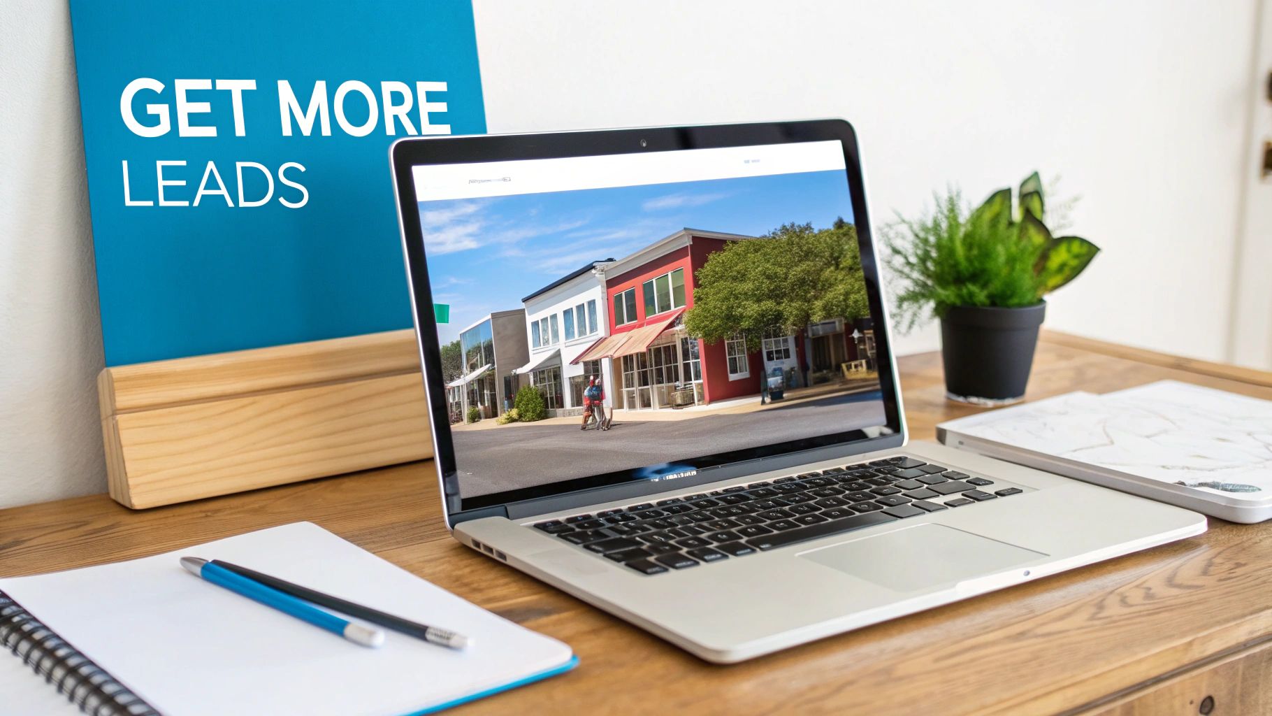 A laptop on a wooden desk displaying a commercial street, with a 'GET MORE LEADS' sign in the background.