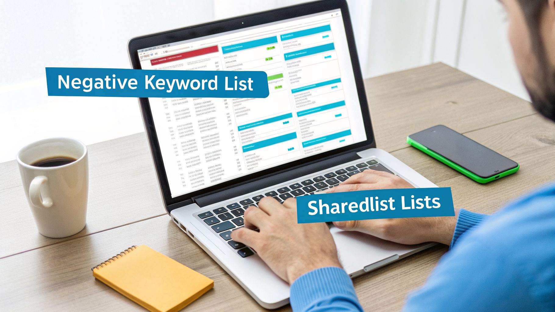Person typing on a laptop, screen shows a 'Negative Keyword List' and 'Sharedlist Lists'.
