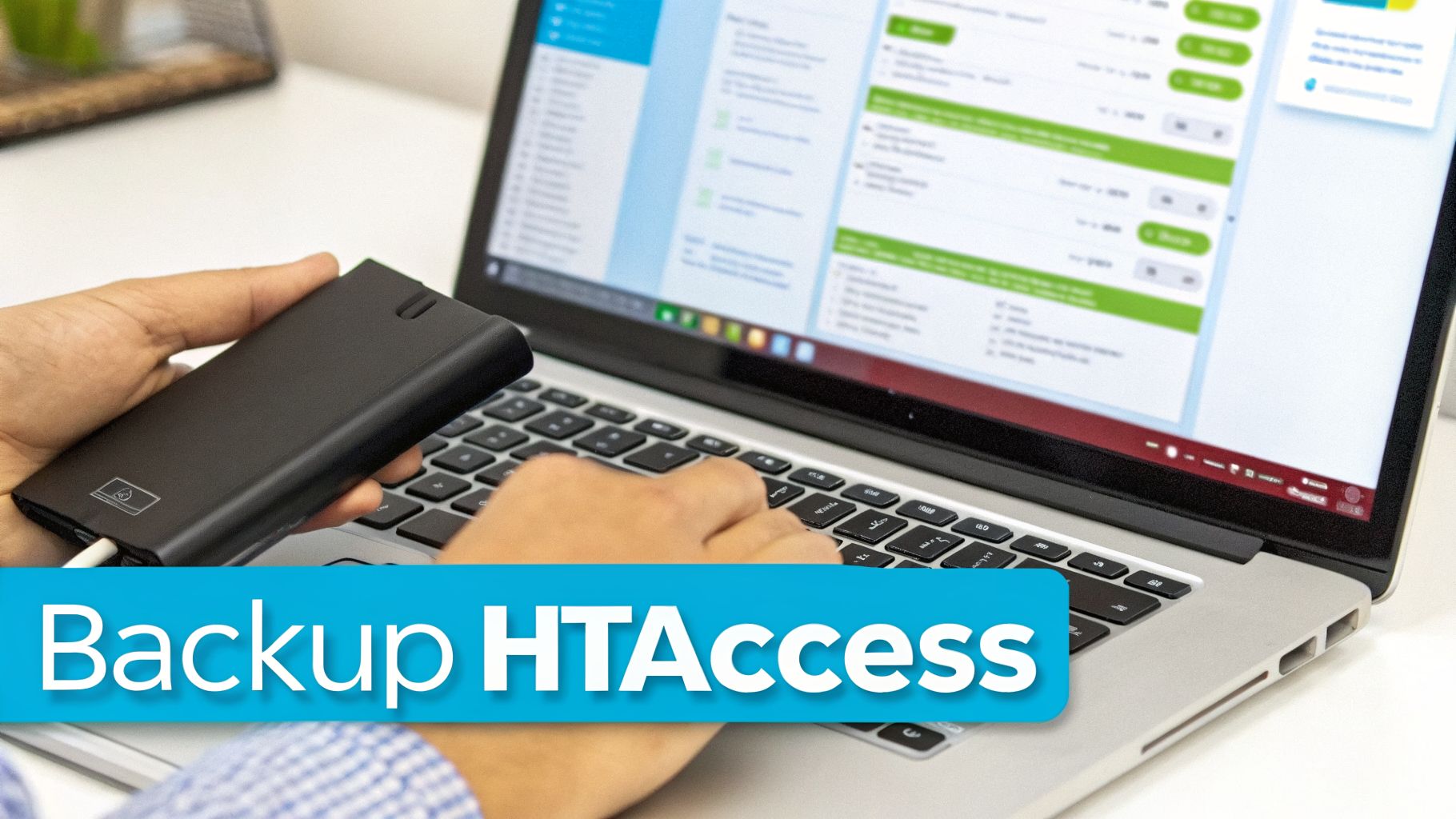A person holds a black external drive connected to a silver laptop while typing, with a "Backup HTACCESS" banner.