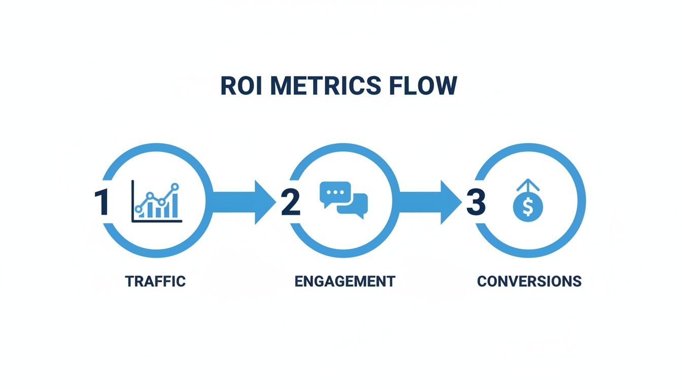 Flowchart illustrating ROI metrics: traffic represented by a graph, engagement by speech bubbles, and conversions with a dollar sign.