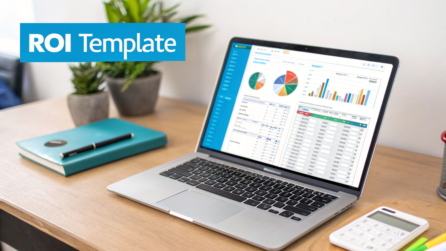 A laptop on a wooden desk displaying an ROI template with charts and data, alongside office supplies.