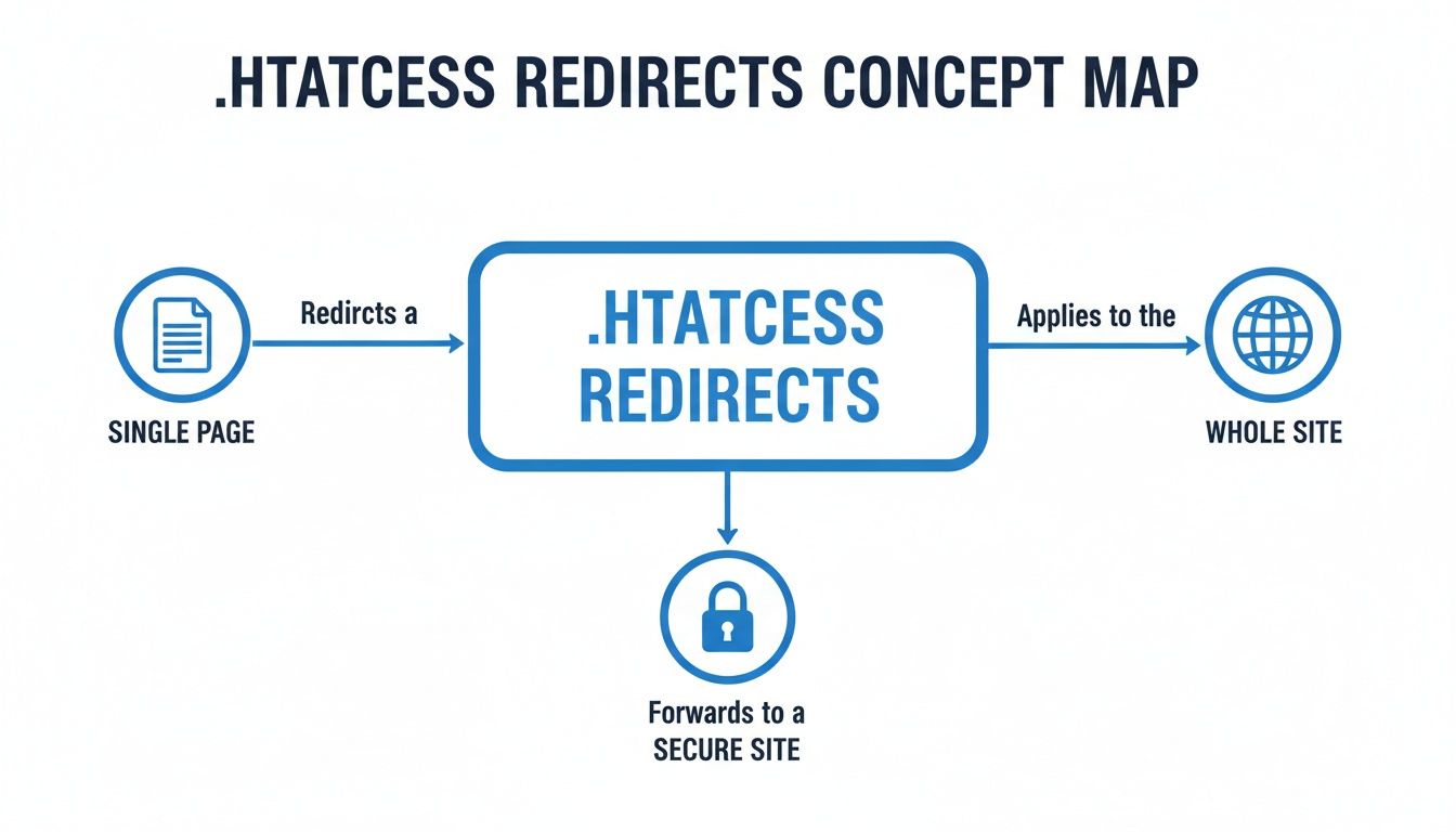 Concept map illustrating .htaccess redirects for single pages, whole sites, and forwarding to secure sites.