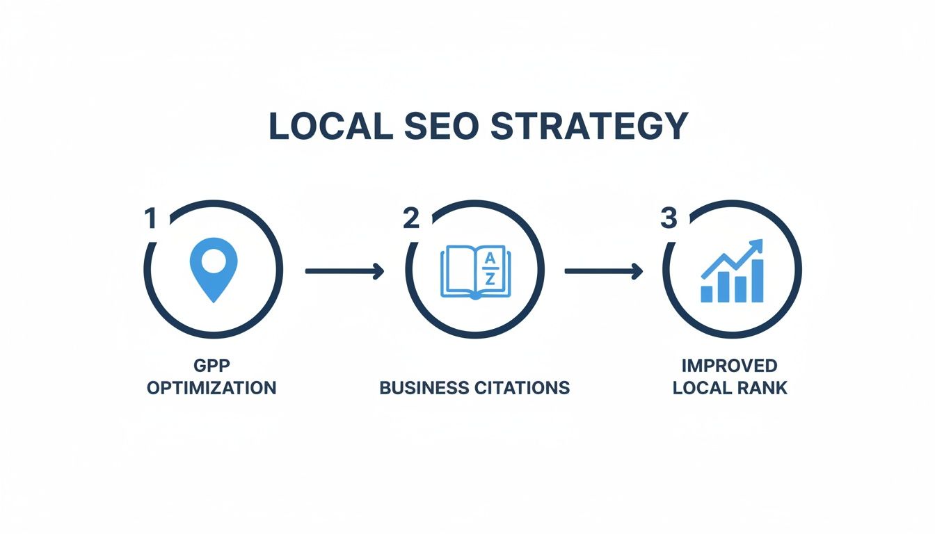 A three-step local SEO strategy diagram showing GPP optimization, business citations, and improved local rank.