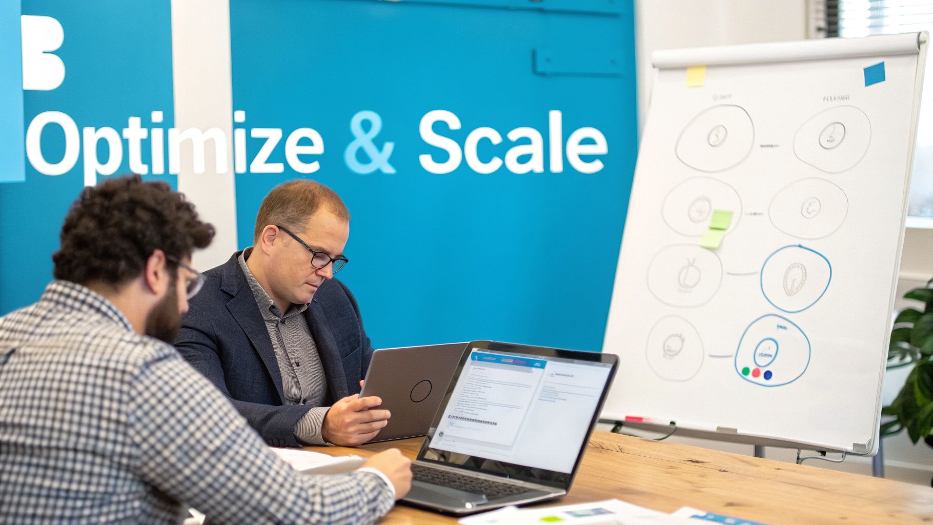 Two men collaborating in a modern office, one using a laptop and the other a tablet, with a 'Optimize & Scale' sign.
