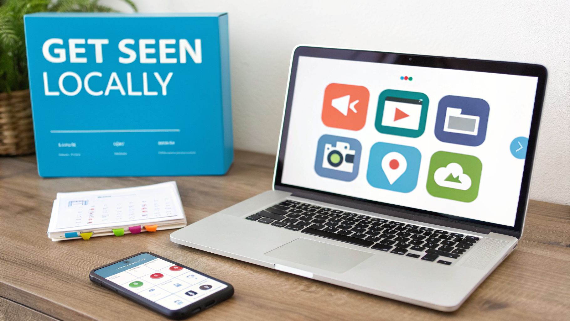 A desk with a laptop displaying app icons, a smartphone, a notepad, and a 'GET SEEN LOCALLY' box, suggesting business promotion tools.