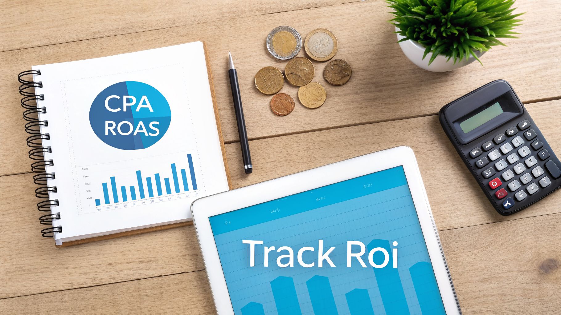 Overhead shot of a desk with CPA ROAS notebook, tablet showing 'Track ROI', calculator, and coins.