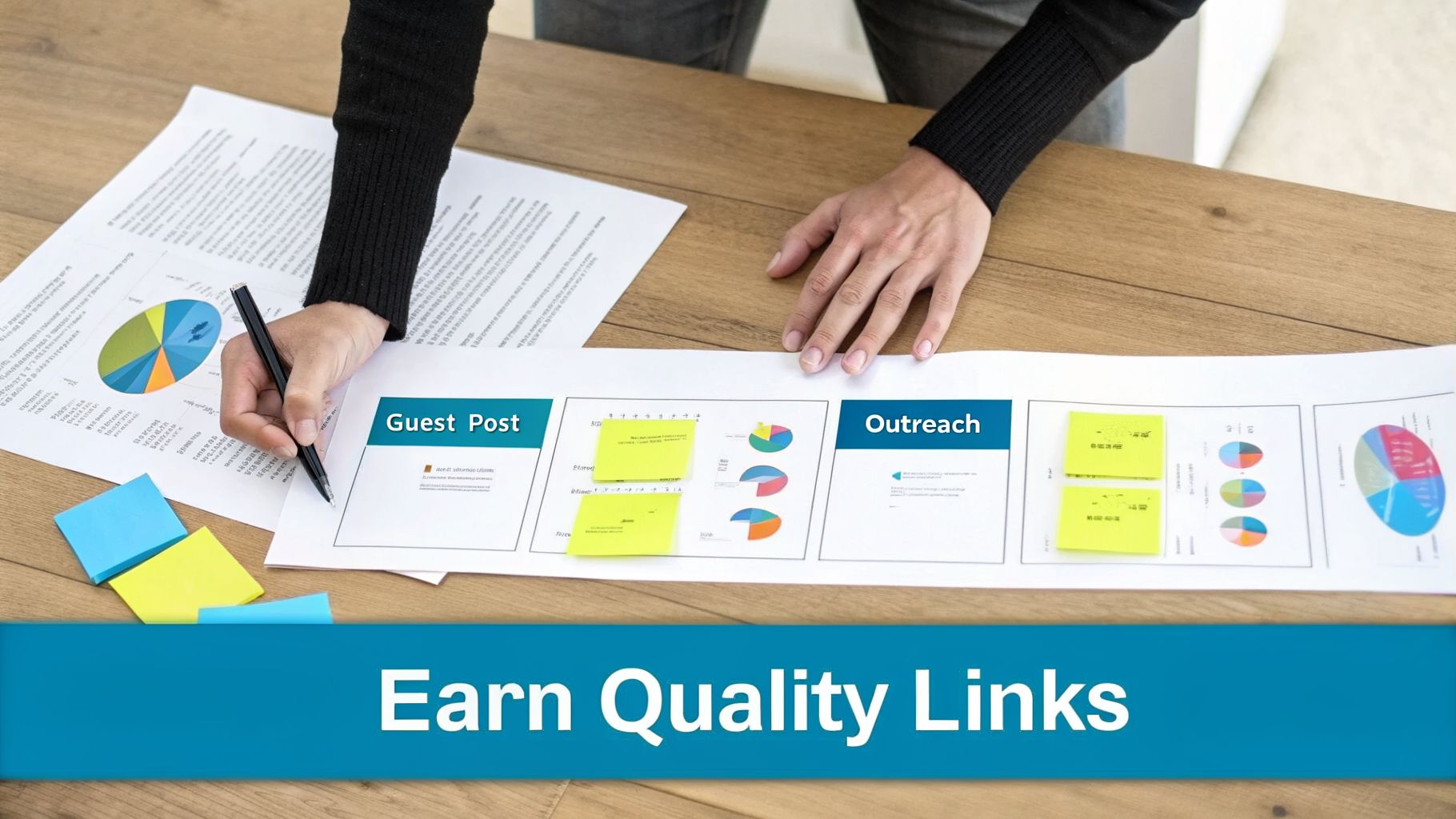 Person writing on a document detailing guest posts and outreach strategies for earning quality links.
