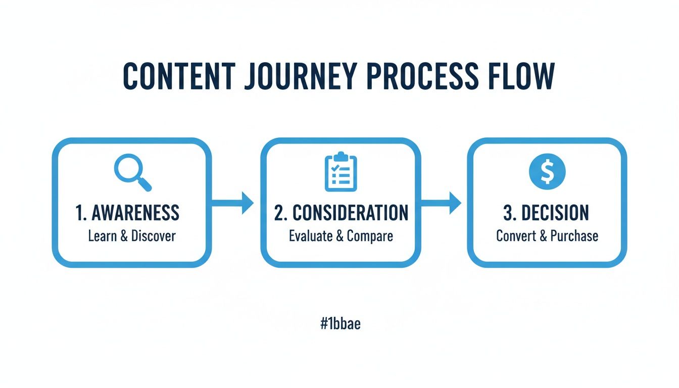 Content journey process flow diagram outlining awareness, consideration, and decision marketing stages.