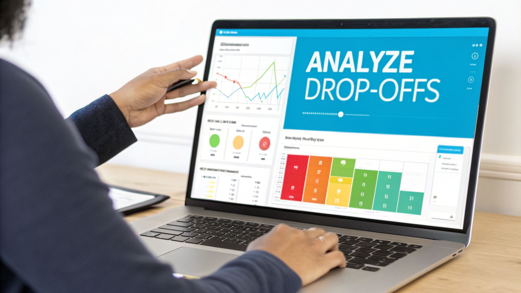 A person analyzes e-commerce drop-offs and customer behavior on a laptop with various charts and graphs.