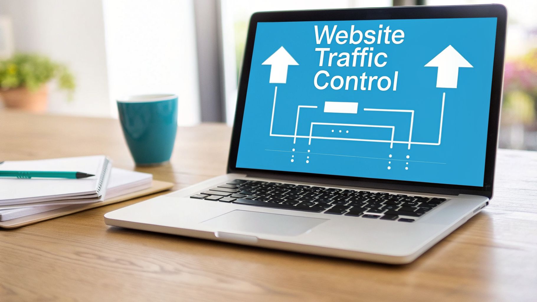 A laptop on a wooden desk displays 'Website Traffic Control' with a diagram, next to a notebook and coffee mug.