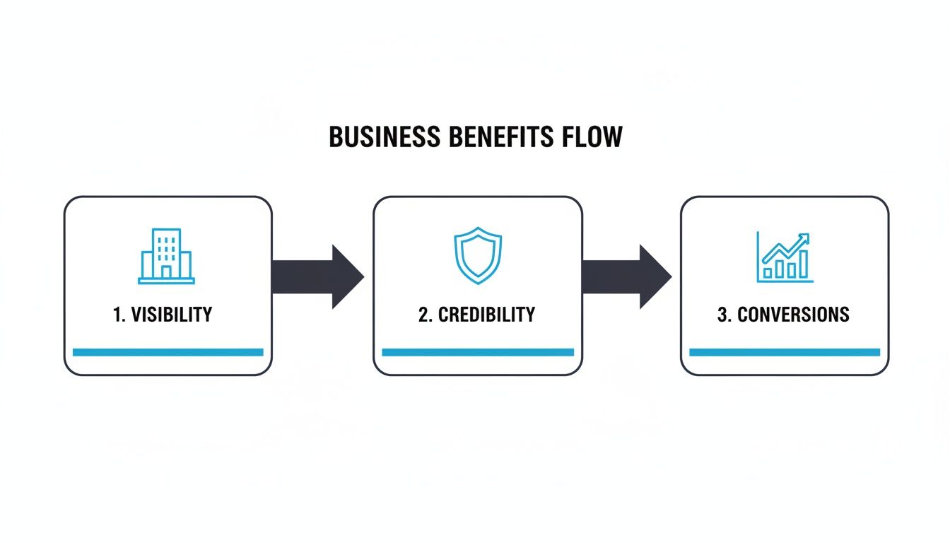 Diagram showing a business benefits flow: Visibility leads to Credibility, which leads to Conversions.