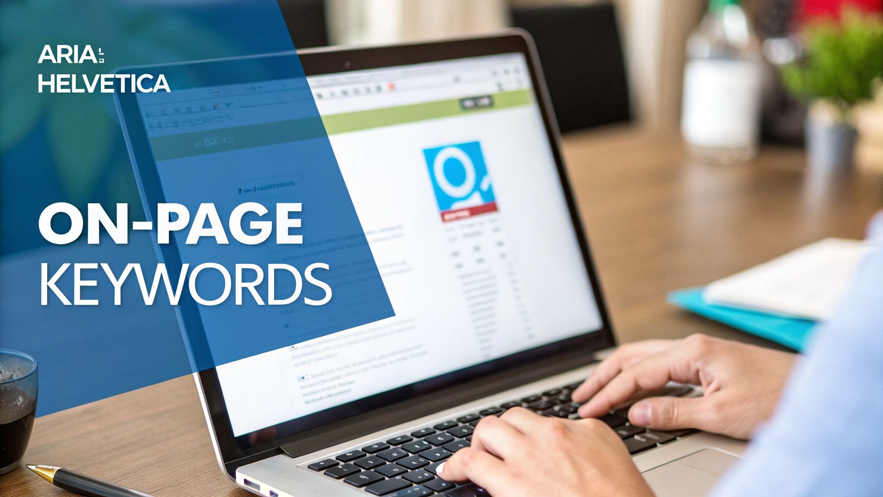 Hands typing on a laptop keyboard with 'ON-PAGE KEYWORDS' text overlaid on the screen.