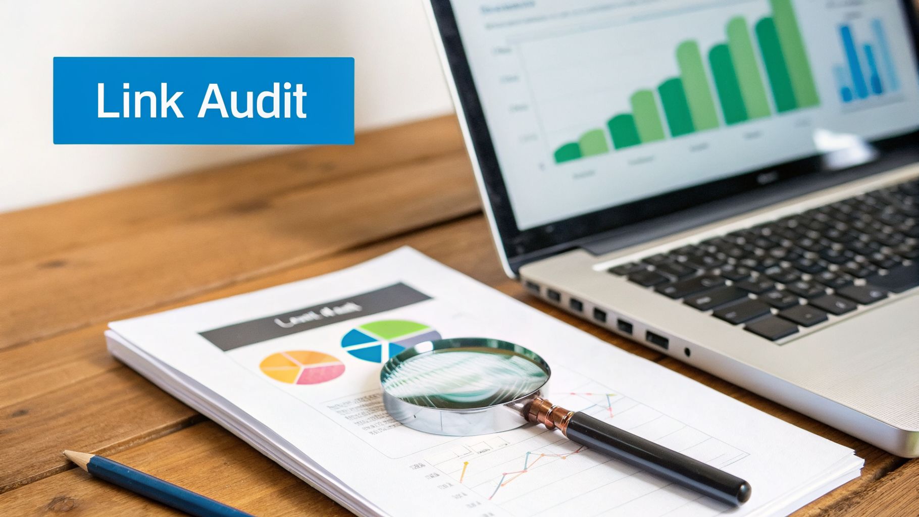 A workspace with a laptop, audit reports, magnifying glass, and a prominent "Link Audit" sign.