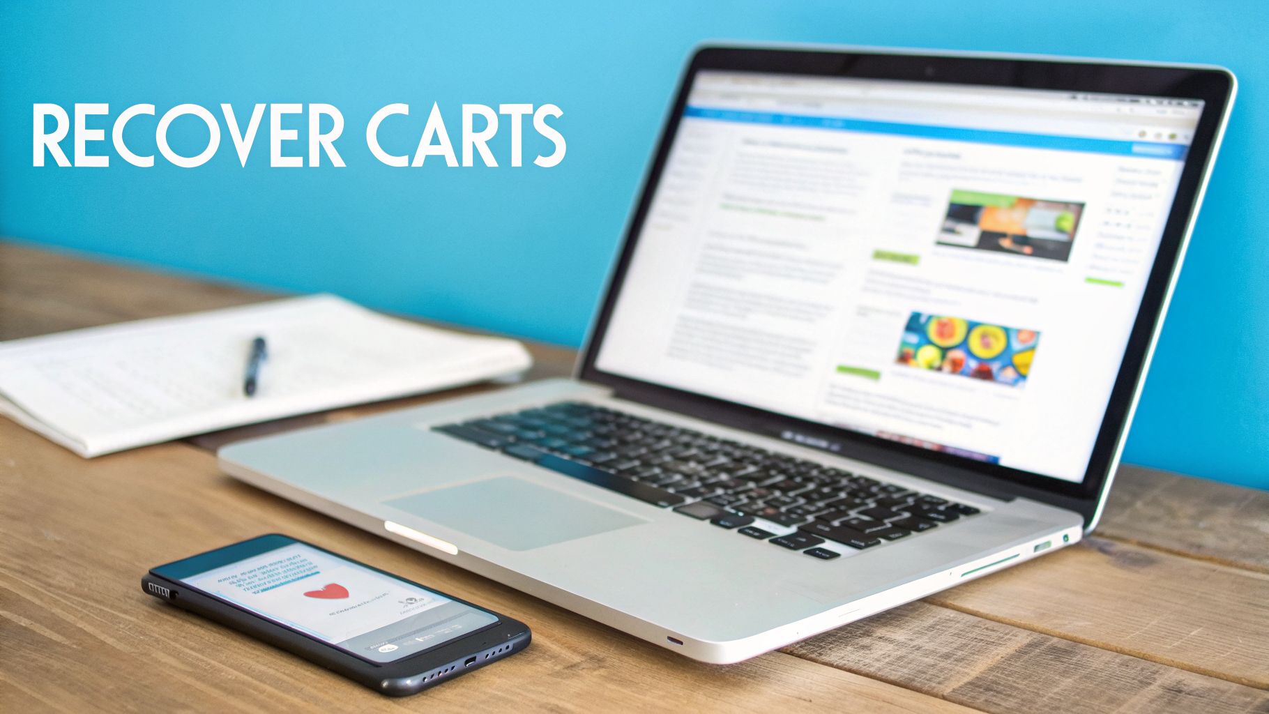 A laptop and smartphone on a wooden desk with 'RECOVER CARTS' text on a blue wall.