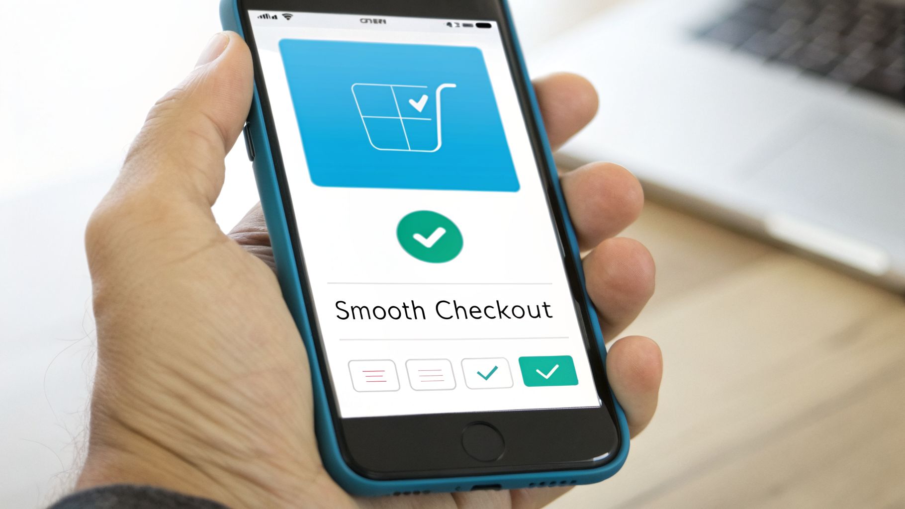 Hand holding a smartphone displaying a 'Smooth Checkout' screen with a shopping cart and green checkmarks.