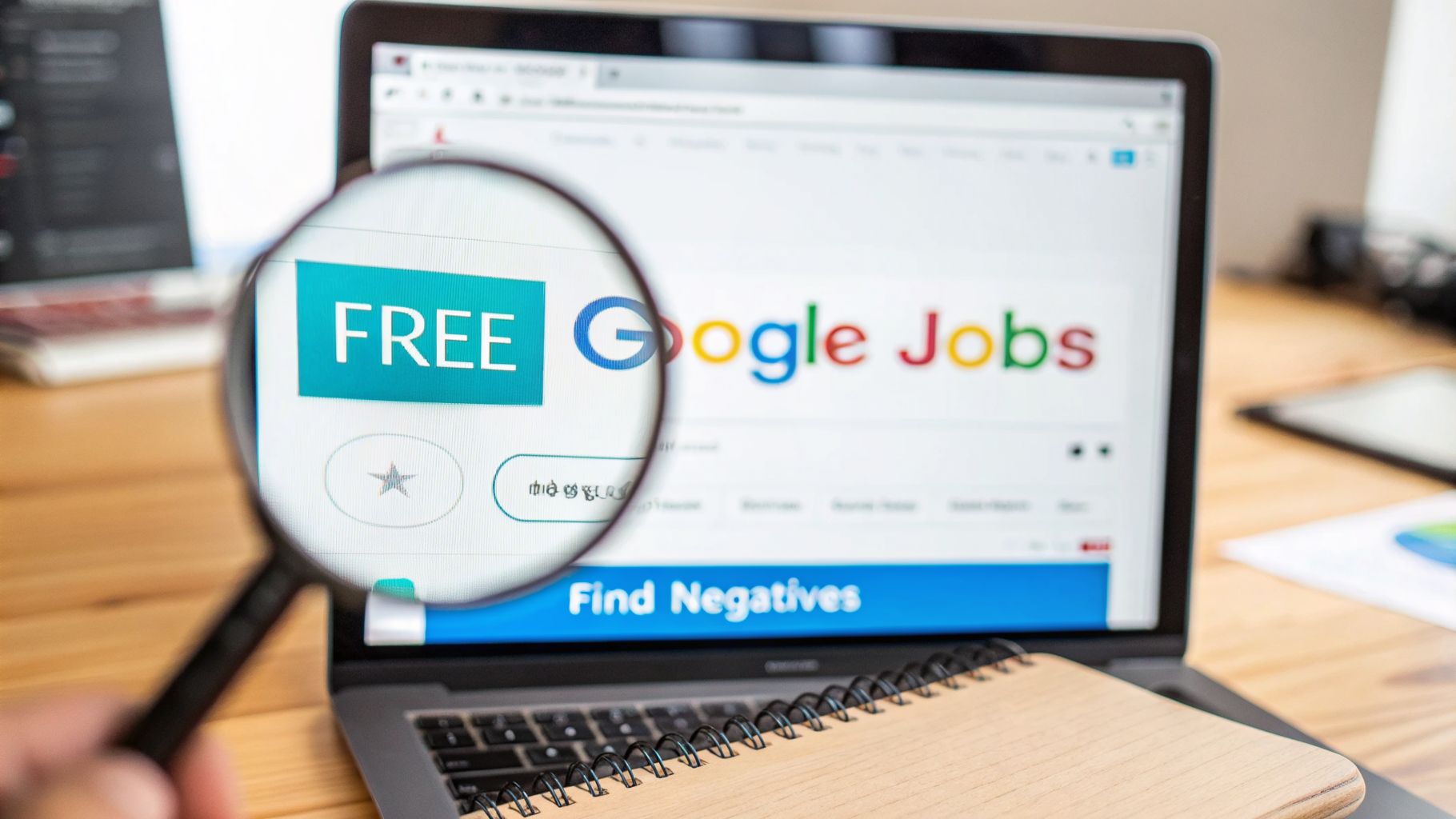 A magnifying glass highlights 'FREE' and 'Google Jobs' on a laptop screen with 'Find Negatives'.