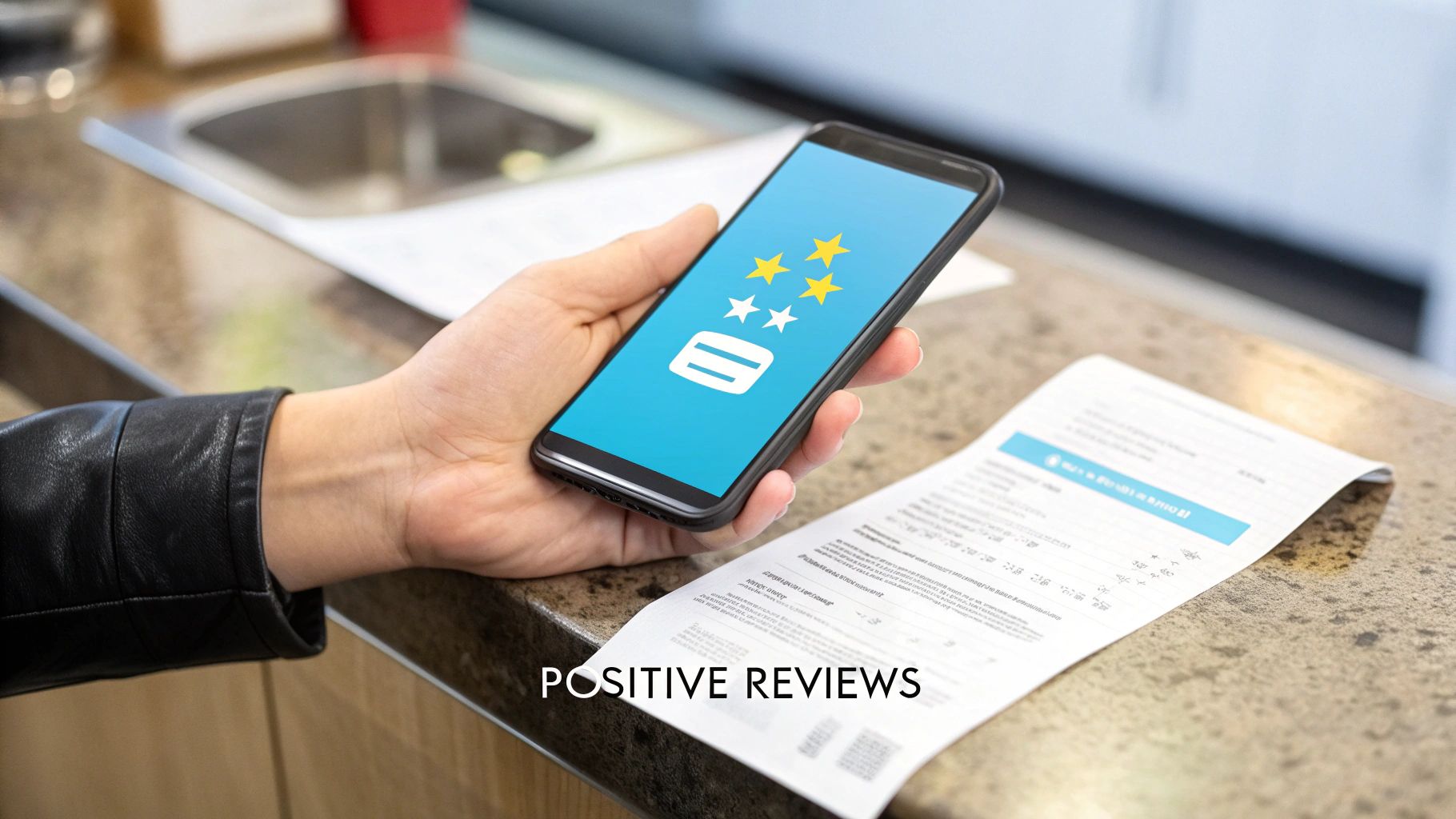 A hand holds a smartphone displaying a 3-star rating on a blue screen next to a paper receipt.