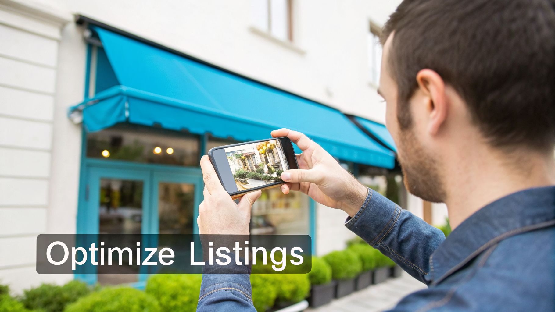 A man takes a photo of a building with a blue awning using his smartphone for business listings.