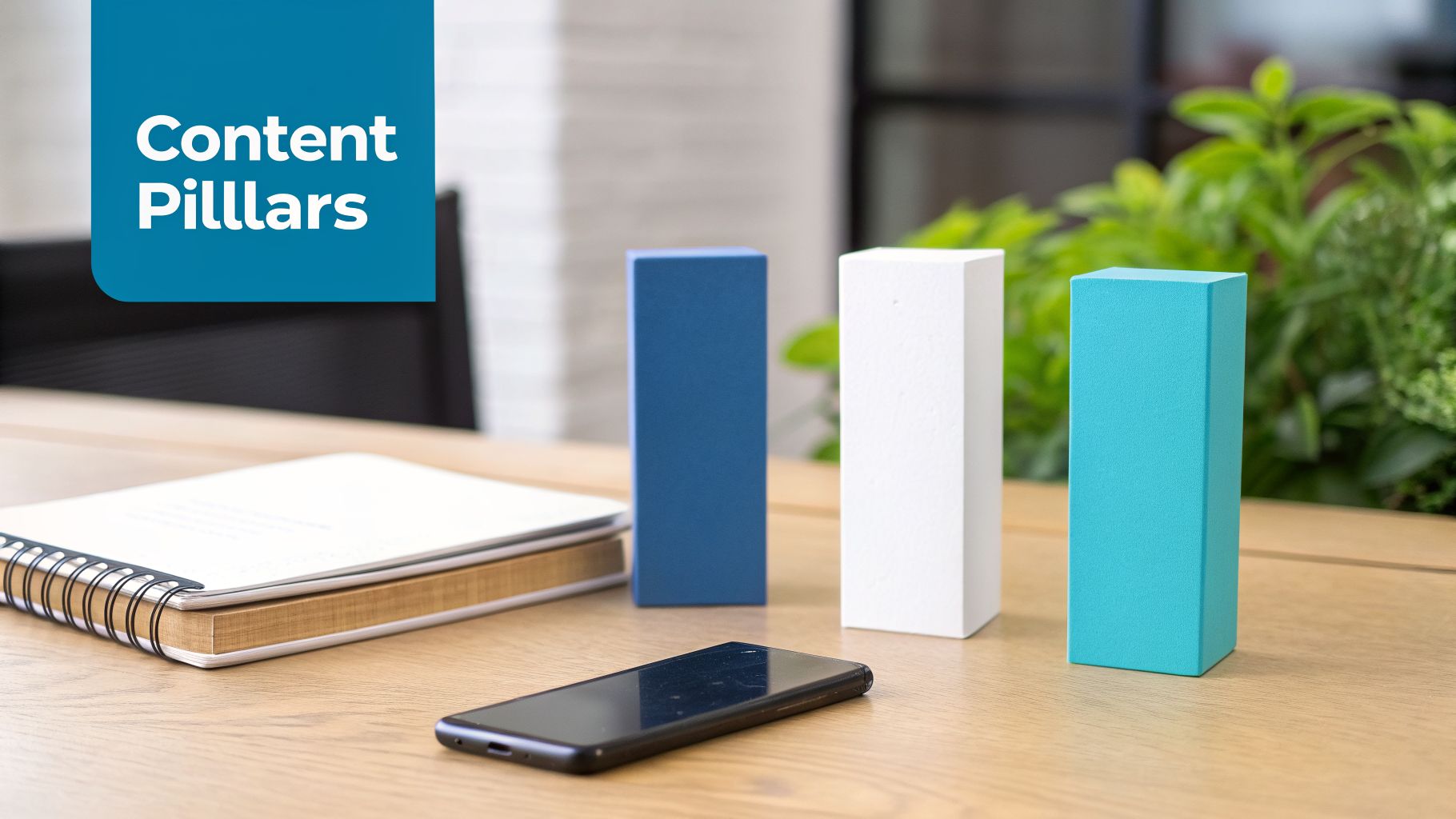 A desk setup featuring three colored blocks representing content pillars, a notebook, and a smartphone.
