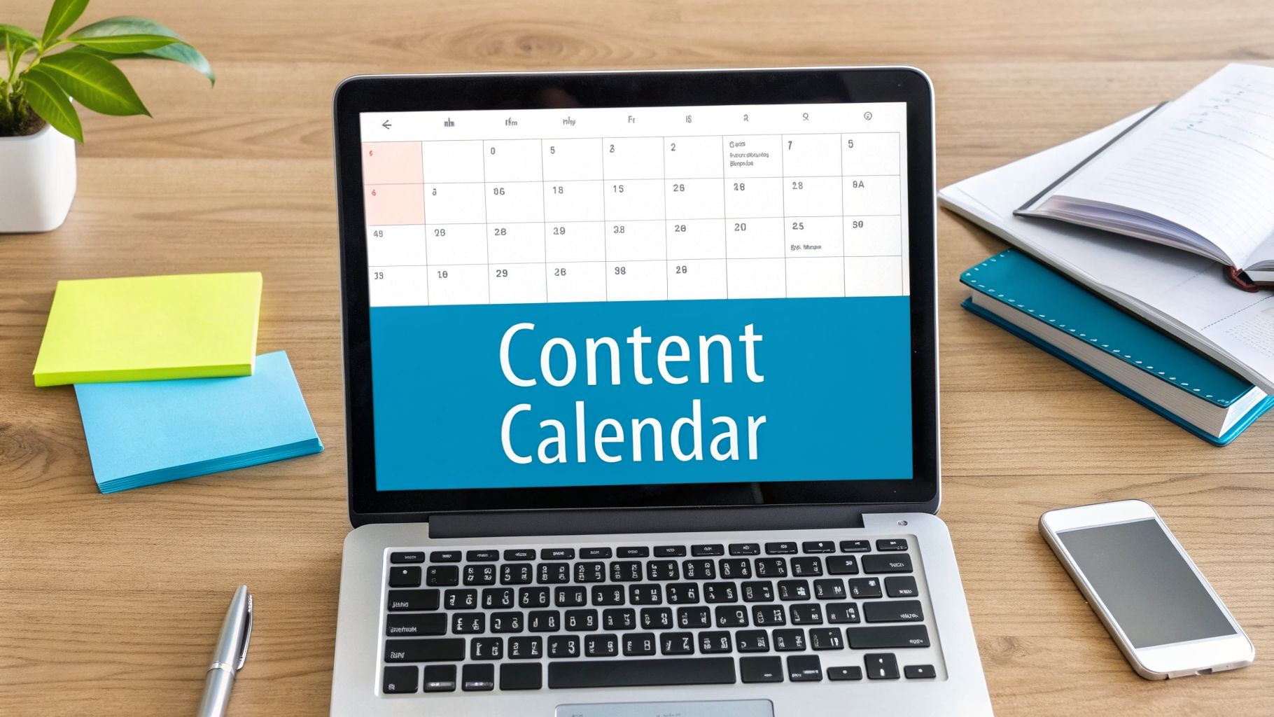 A laptop on a wooden desk displaying a 'Content Calendar' for strategy and planning.