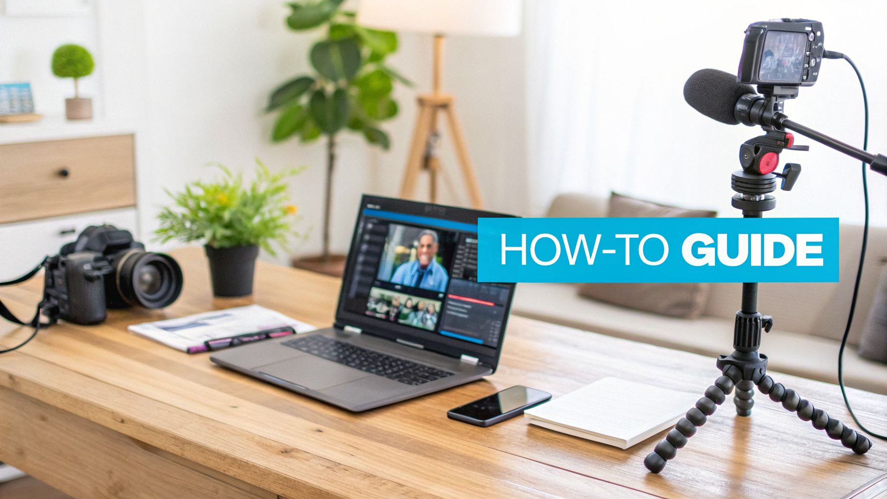 A desk setup for video content creation with a laptop displaying a video call, a camera on a tripod, and a DSLR camera.