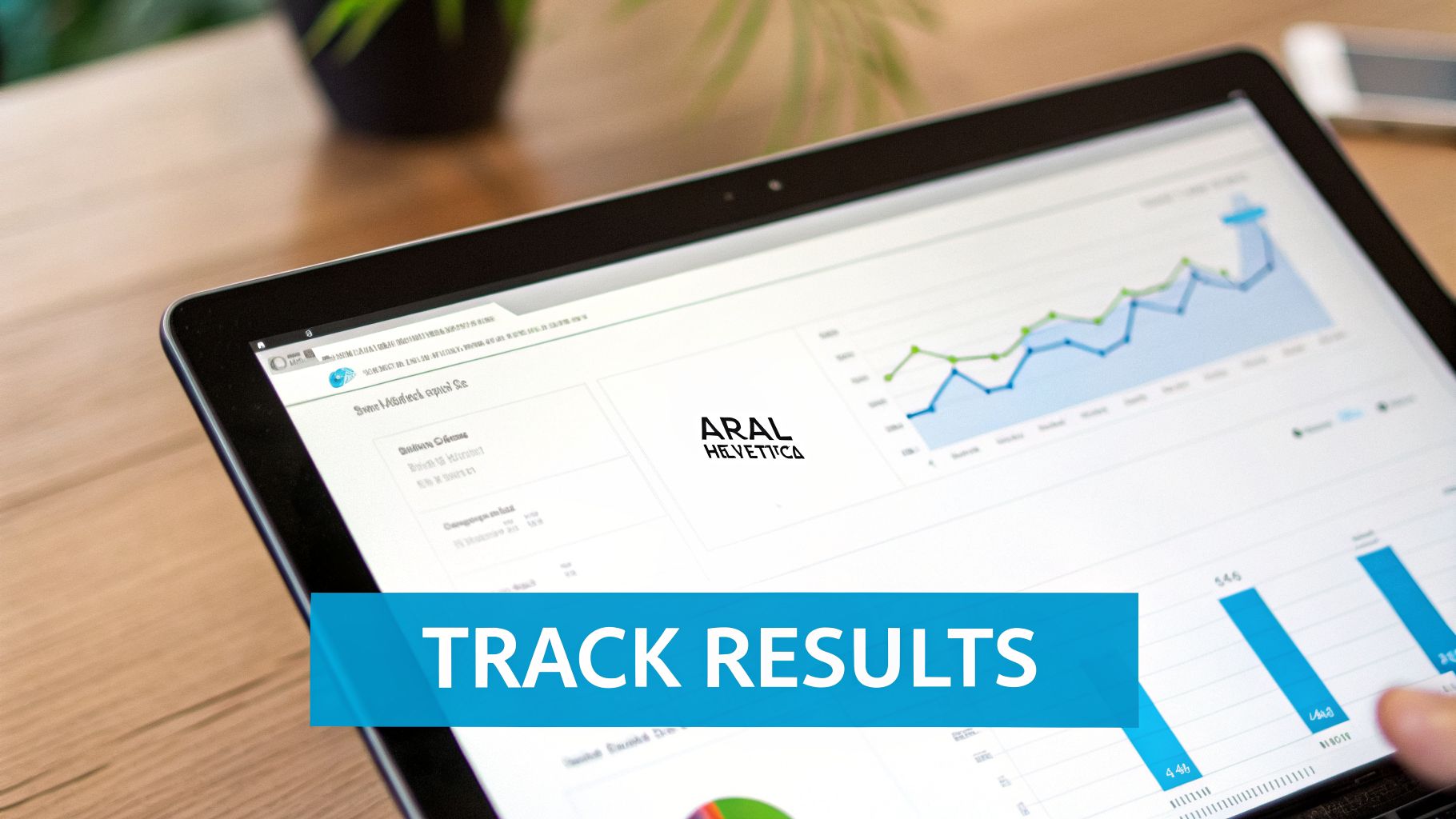 A tablet displaying business analytics graphs and charts with the text 'TRACK RESULTS' on a wooden table.