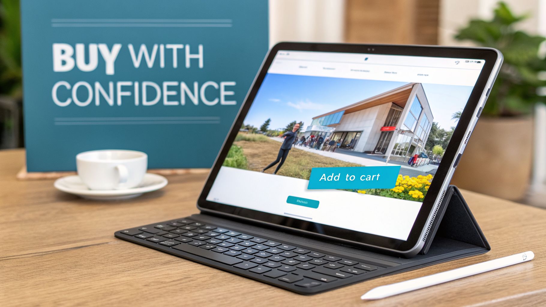 A tablet on a desk displays an e-commerce website with an 'Add to cart' button and a 'BUY WITH CONFIDENCE' sign.