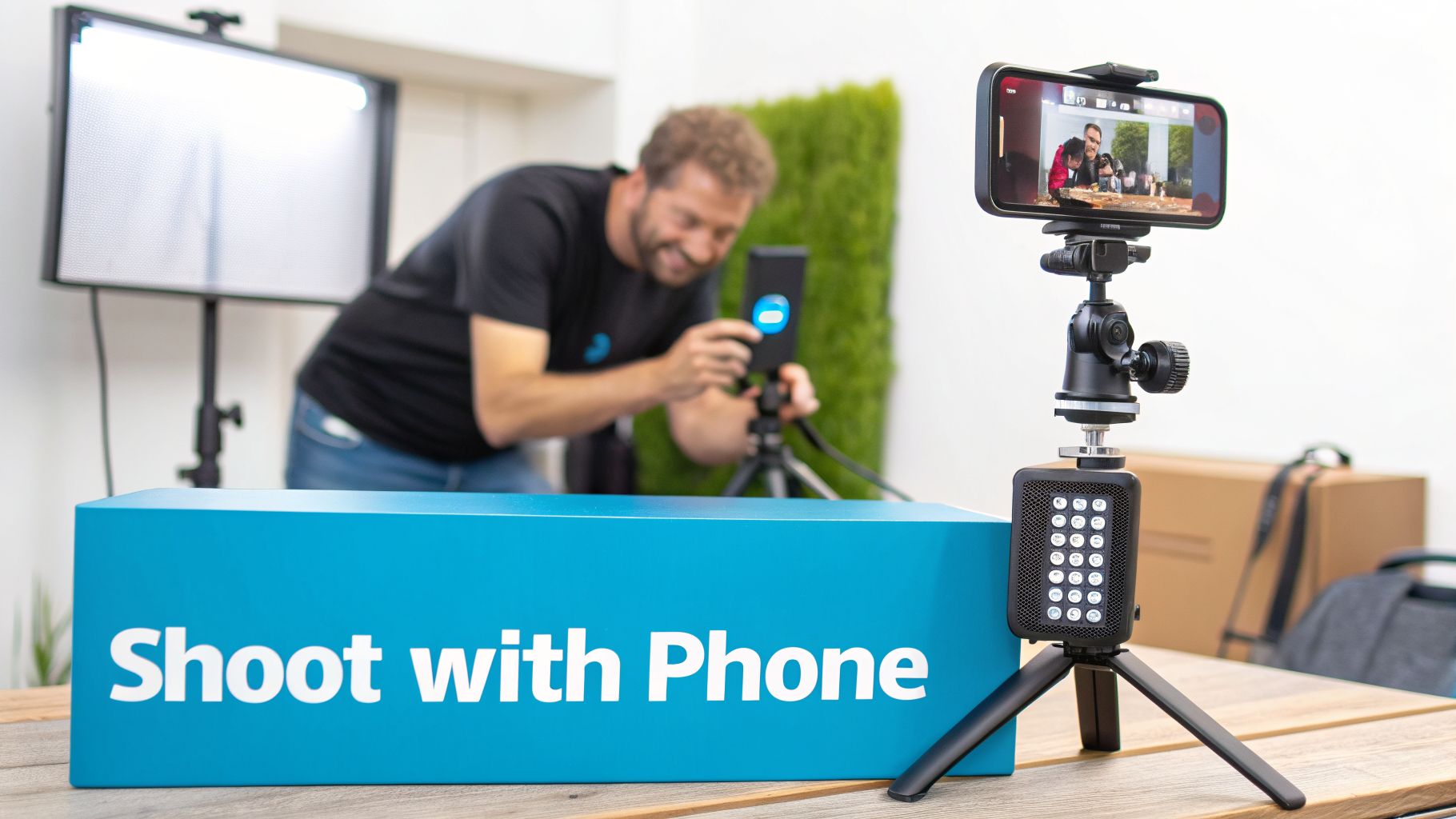 A person creating video content using smartphones, tripods, and a professional light setup.