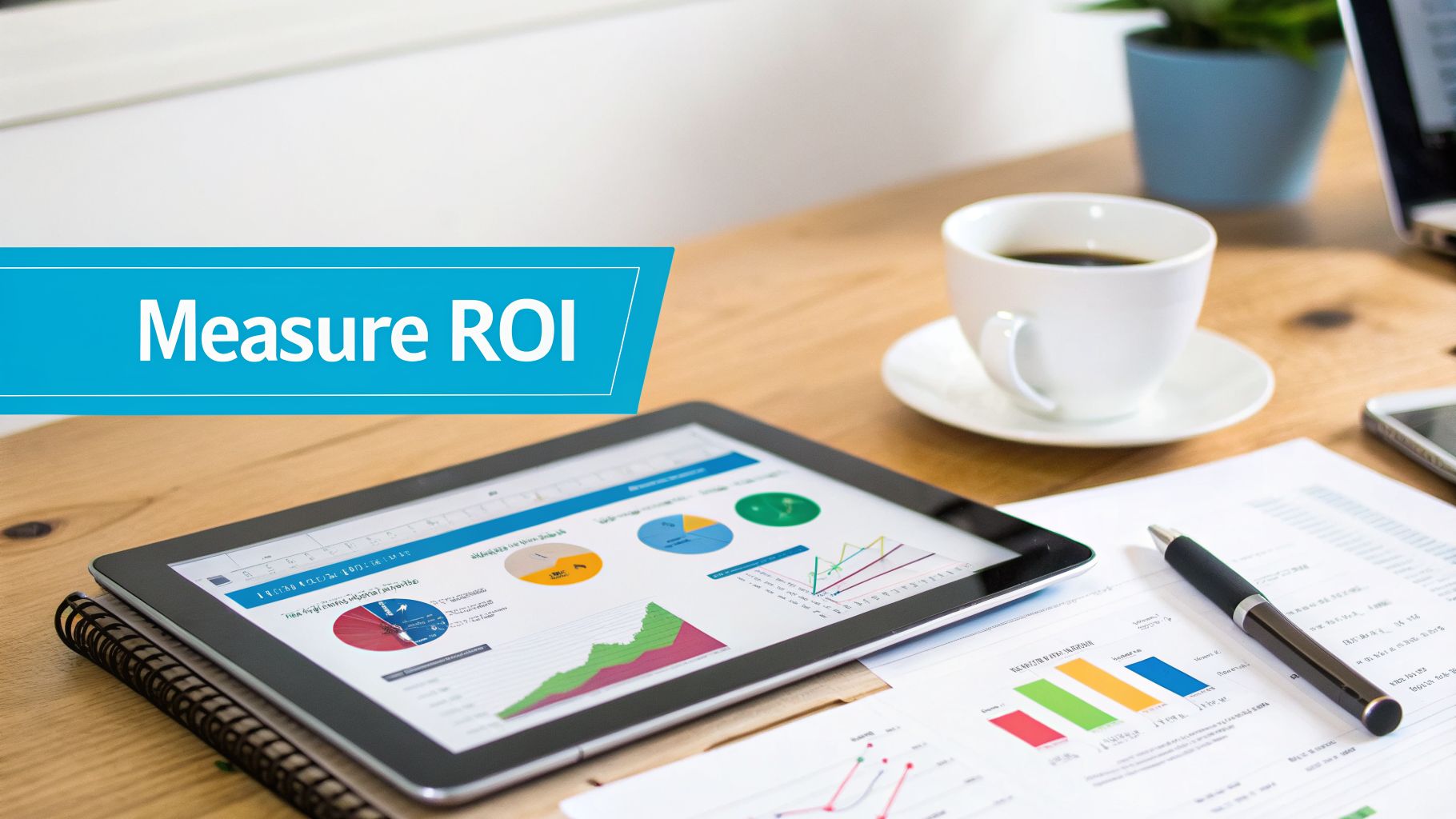 A desk with a tablet displaying business charts, coffee, and a blue banner saying 'Measure ROI'.