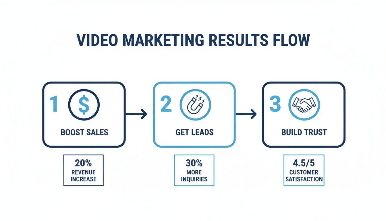 Infographic outlining the three key results of video marketing: boosted sales, generated leads, and built trust.