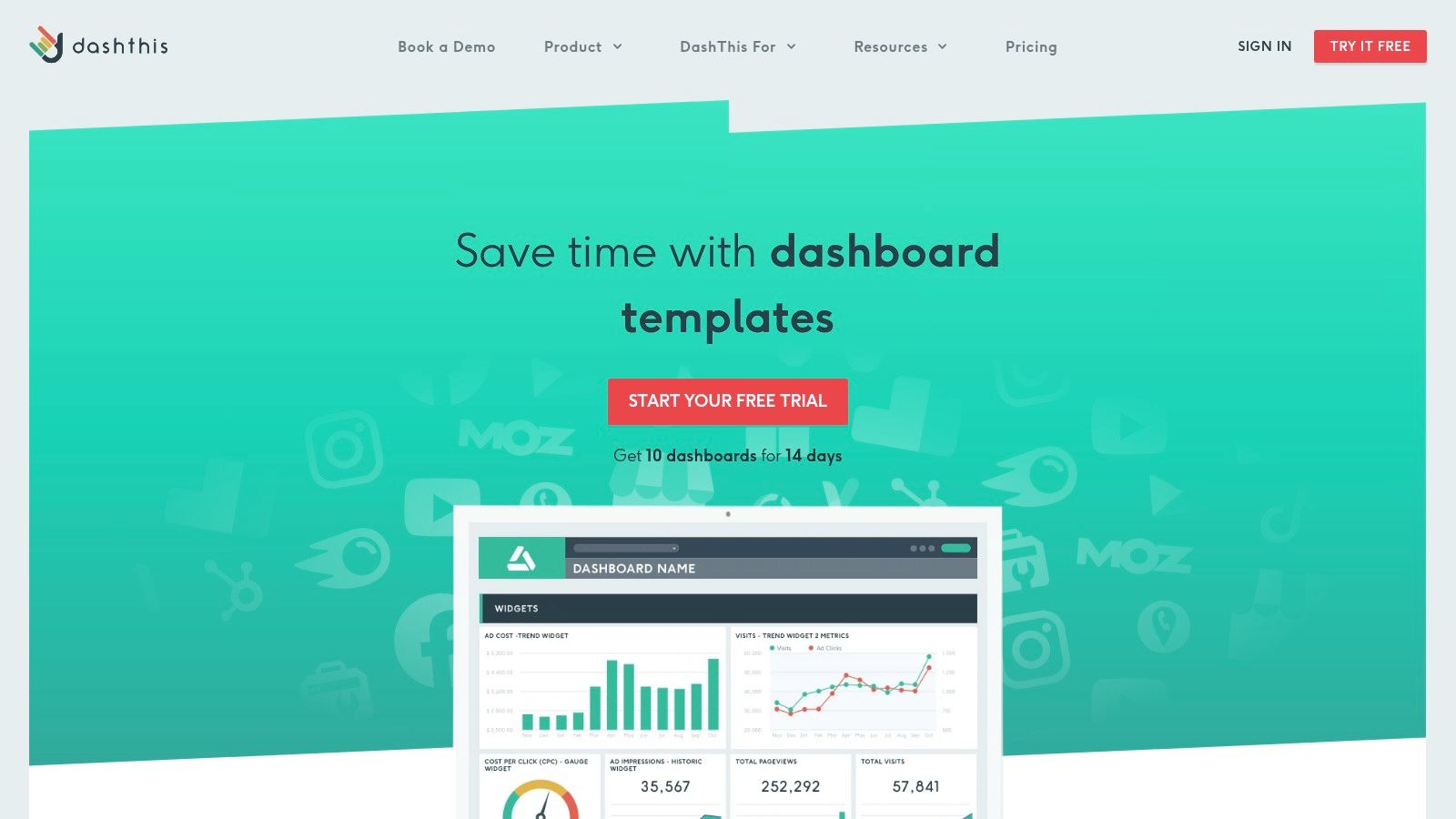 A collection of marketing dashboard examples from DashThis, showcasing clean charts for SEO, PPC, and social media reporting.