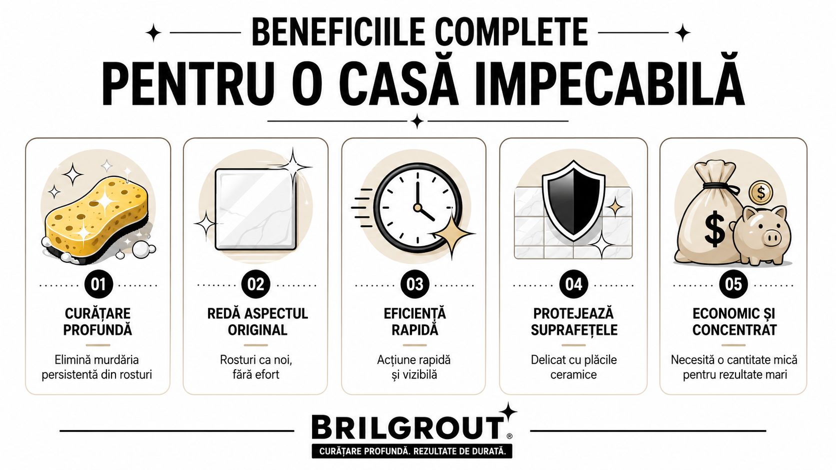 Infografic ce prezintă cele cinci beneficii principale ale detergentului concentrat pentru rosturi Brilgrout pentru o curățenie impecabilă.