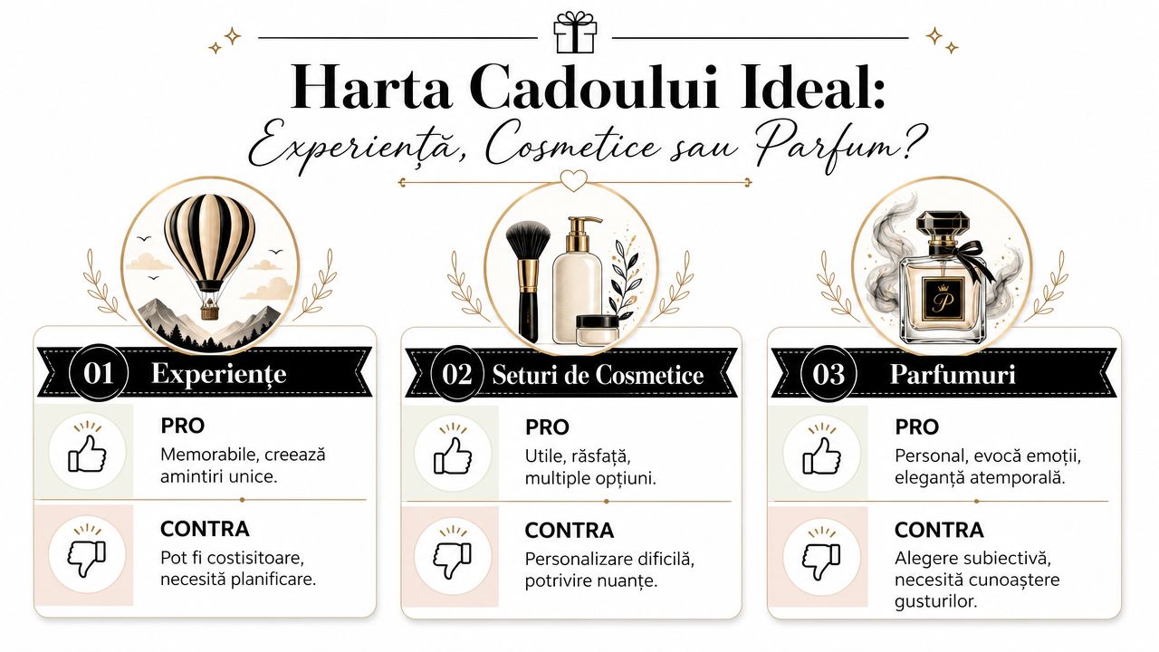 Infografic care compară avantajele și dezavantajele cadourilor: experiențe, seturi de cosmetice și parfumuri pentru alegerea ideală.
