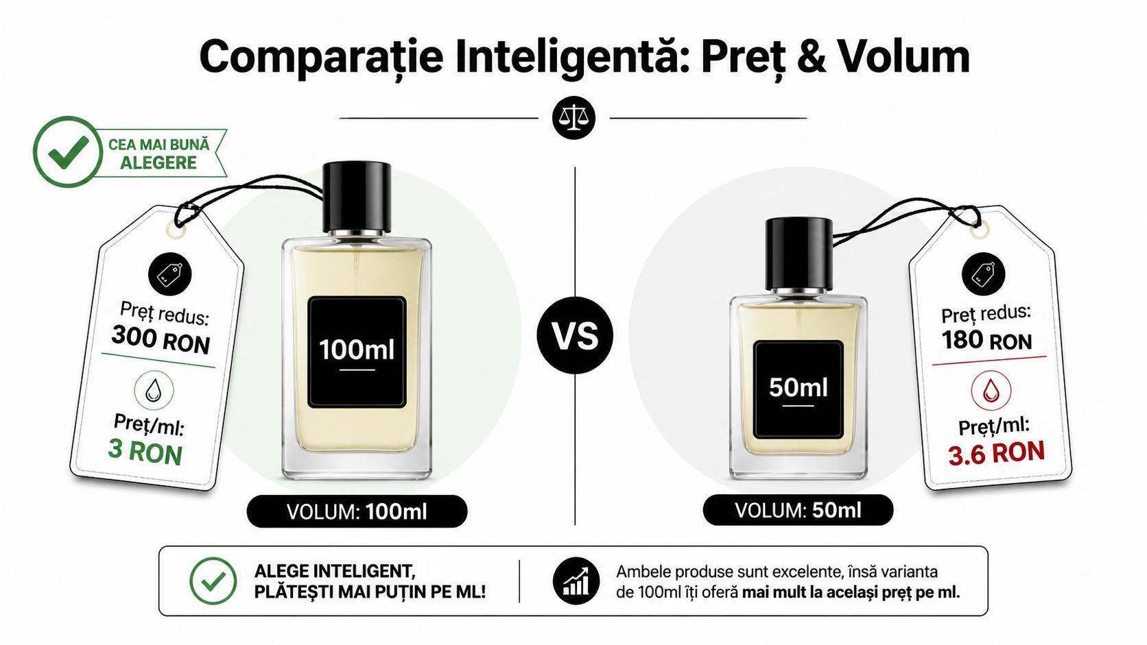 Comparație între două sticle de parfum, evidențiind economia realizată prin alegerea variantei de 100 ml față de 50 ml.