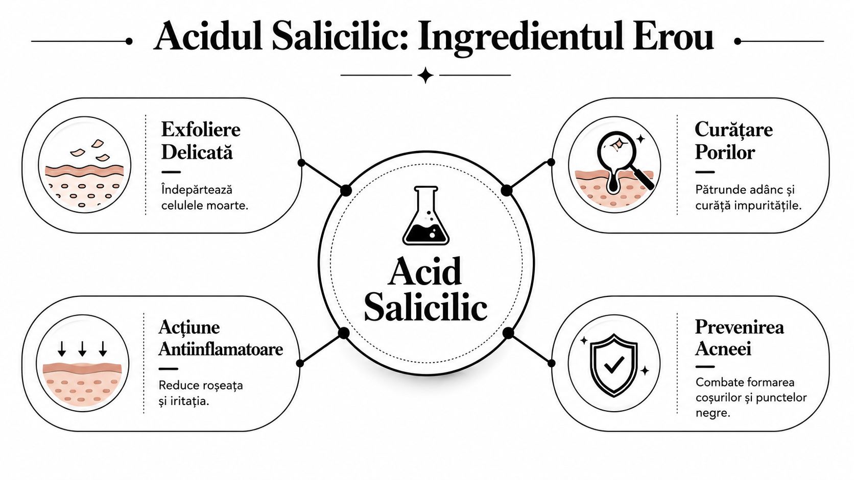 Infografic educativ despre beneficiile acidului salicilic pentru îngrijirea tenului, evidențiind exfolierea, curățarea porilor și prevenirea acneei.