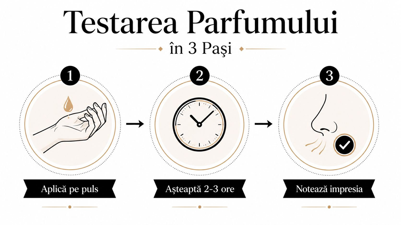Infografic cu trei pași simpli pentru testarea corectă a parfumului pe piele pentru o aromă persistentă.