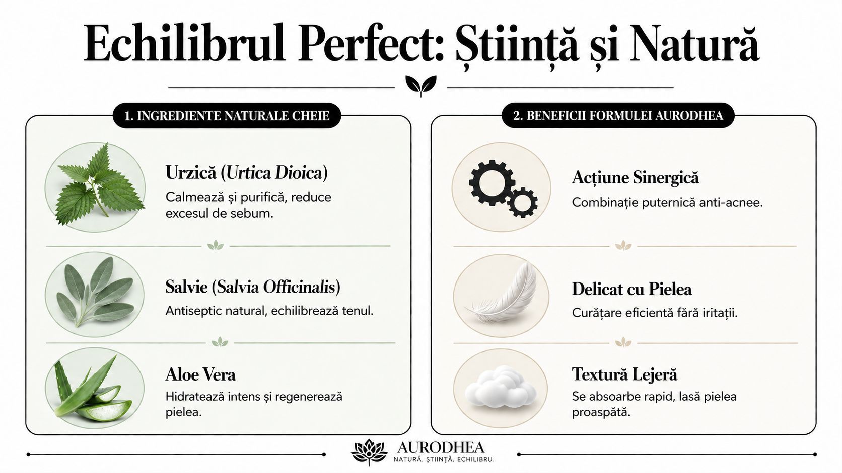 Infografic despre beneficiile ingredientelor naturale din gama Aurodhea pentru tratarea tenului acneic și îngrijirea pielii.