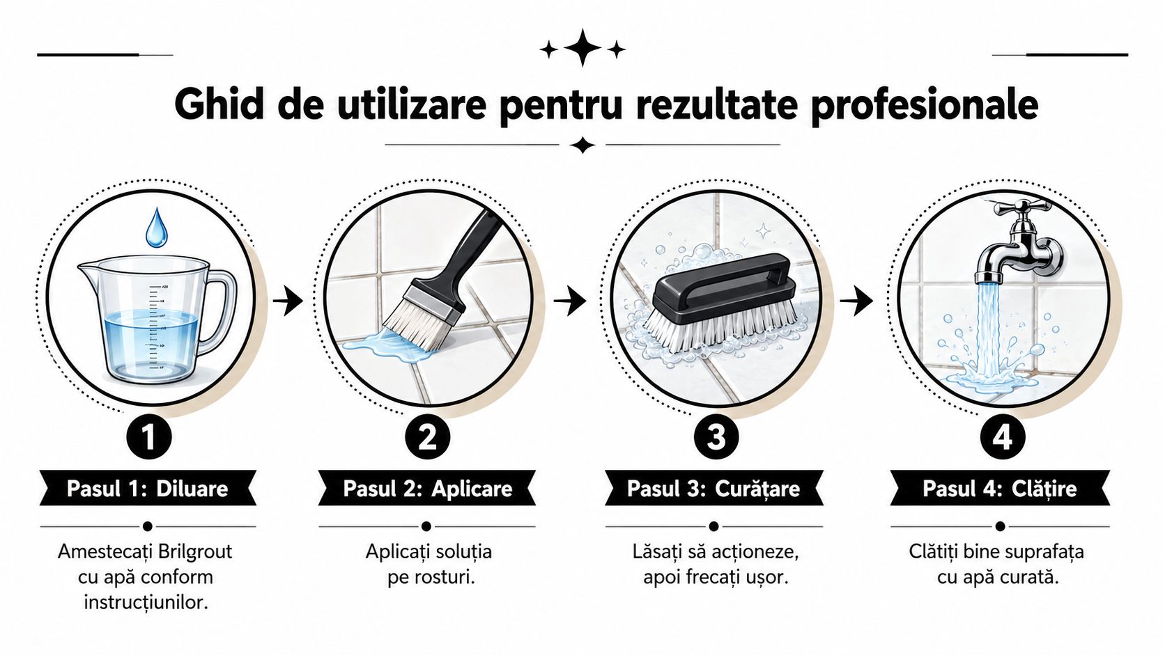 Infografic cu patru pași pentru utilizarea detergentului concentrat Brilgrout pentru curățarea eficientă a rosturilor de gresie.