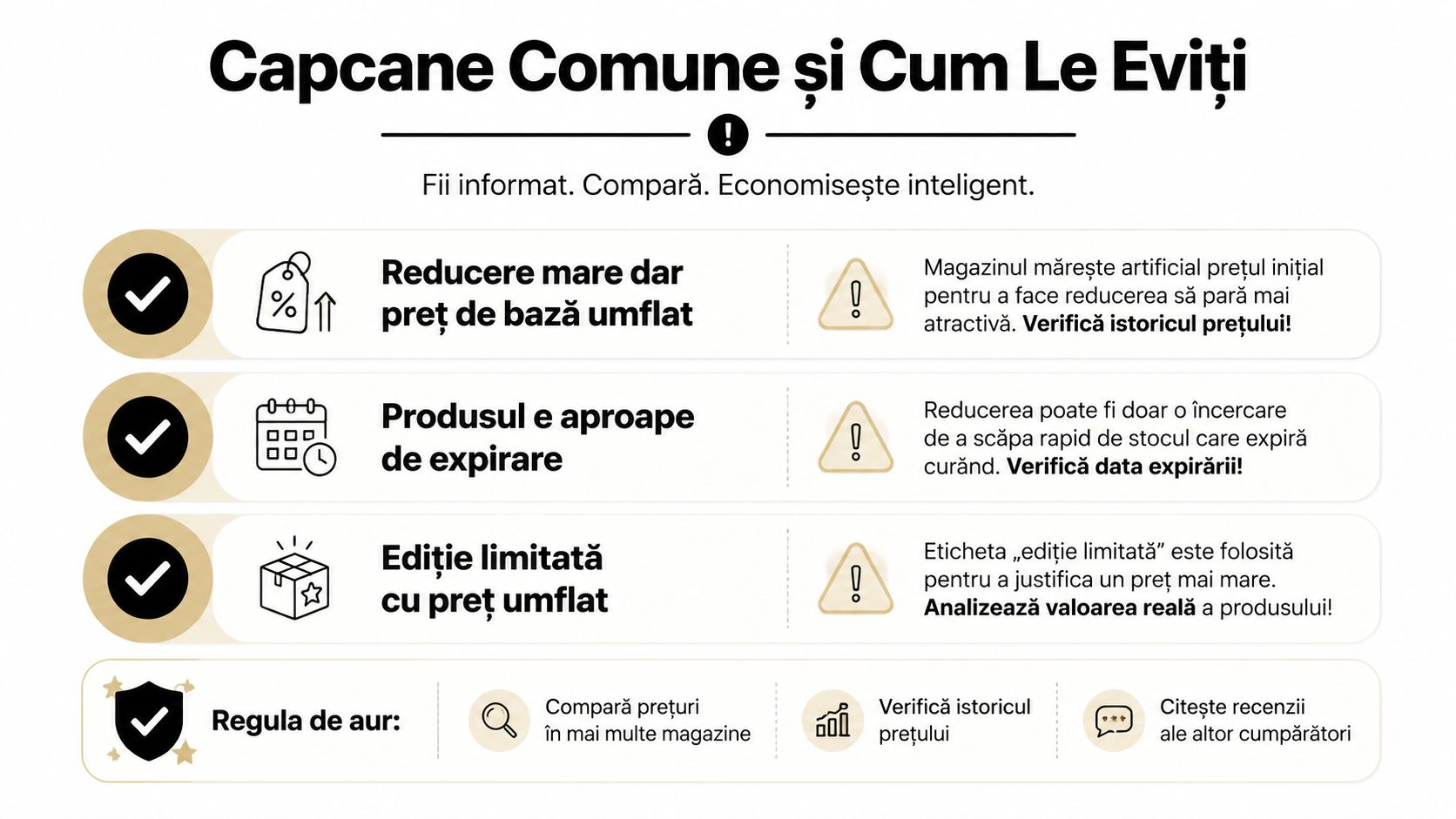 Infografic educativ despre evitarea capcanelor frecvente la cumpărături online pentru a economisi bani inteligent.
