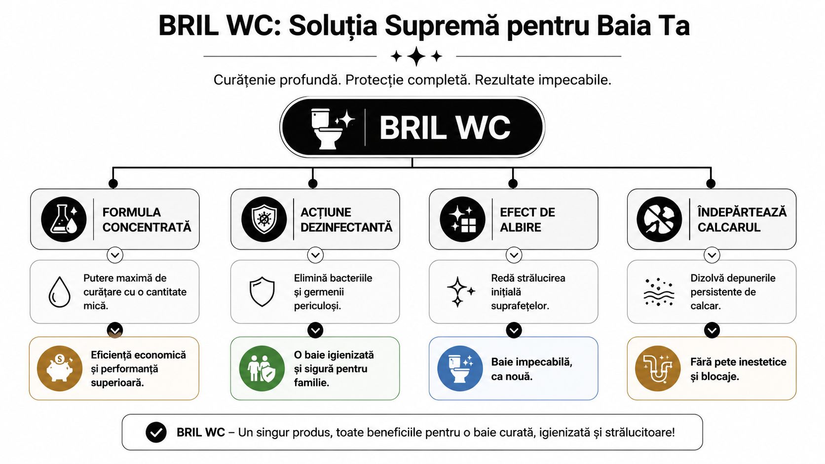 Infografic ce prezintă beneficiile detergentului de toaletă Bril WC: curățare concentrată, acțiune dezinfectantă, albire și eliminarea calcarului.